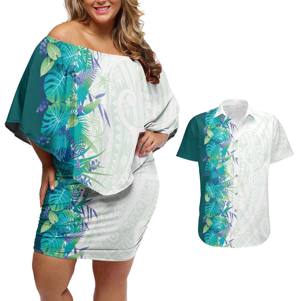 Hawaii Tropical Plant Teal Couples Matching Off Shoulder Short Dress and Hawaiian Shirt Vibrant Polynesian Pattern LT01 Teal - Polynesian Pride