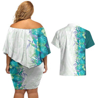Hawaii Tropical Plant Teal Couples Matching Off Shoulder Short Dress and Hawaiian Shirt Vibrant Polynesian Pattern LT01 - Polynesian Pride