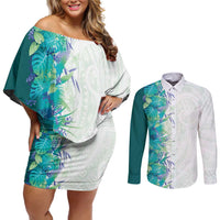 Hawaii Tropical Plant Teal Couples Matching Off Shoulder Short Dress and Long Sleeve Button Shirt Vibrant Polynesian Pattern LT01 Teal - Polynesian Pride