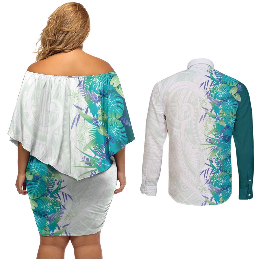 Hawaii Tropical Plant Teal Couples Matching Off Shoulder Short Dress and Long Sleeve Button Shirt Vibrant Polynesian Pattern LT01 - Polynesian Pride