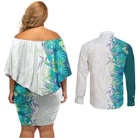 Hawaii Tropical Plant Teal Couples Matching Off Shoulder Short Dress and Long Sleeve Button Shirt Vibrant Polynesian Pattern LT01 - Polynesian Pride