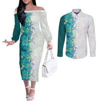 Hawaii Tropical Plant Teal Couples Matching Off The Shoulder Long Sleeve Dress and Long Sleeve Button Shirt Vibrant Polynesian Pattern LT01 Teal - Polynesian Pride