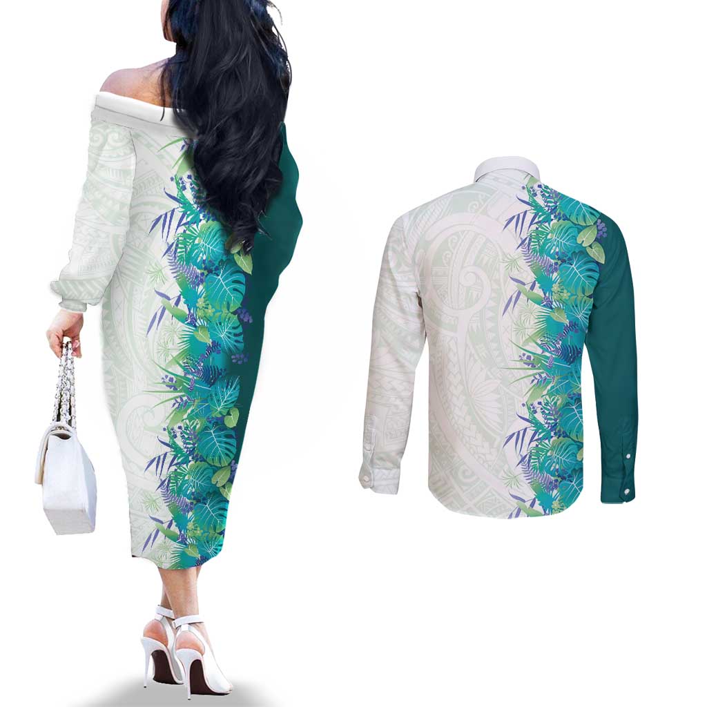 Hawaii Tropical Plant Teal Couples Matching Off The Shoulder Long Sleeve Dress and Long Sleeve Button Shirt Vibrant Polynesian Pattern LT01 - Polynesian Pride