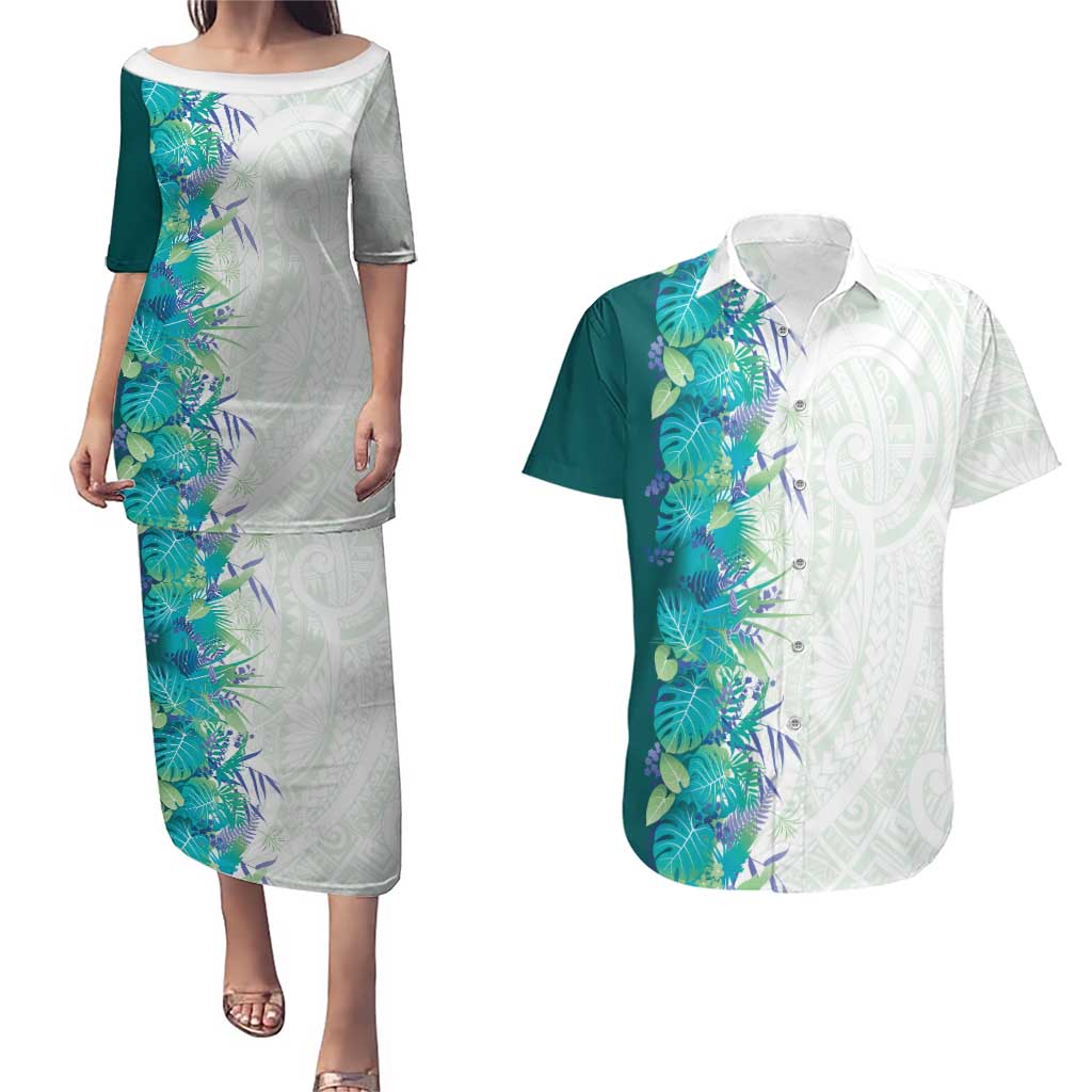 Hawaii Tropical Plant Teal Couples Matching Puletasi and Hawaiian Shirt Vibrant Polynesian Pattern LT01 Teal - Polynesian Pride