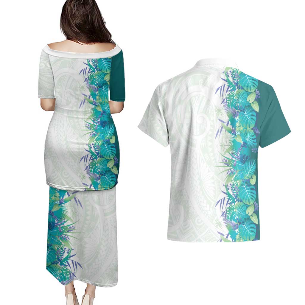 Hawaii Tropical Plant Teal Couples Matching Puletasi and Hawaiian Shirt Vibrant Polynesian Pattern LT01 - Polynesian Pride