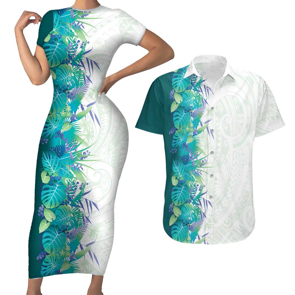 Hawaii Tropical Plant Teal Couples Matching Short Sleeve Bodycon Dress and Hawaiian Shirt Vibrant Polynesian Pattern LT01 Teal - Polynesian Pride