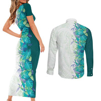 Hawaii Tropical Plant Teal Couples Matching Short Sleeve Bodycon Dress and Long Sleeve Button Shirt Vibrant Polynesian Pattern