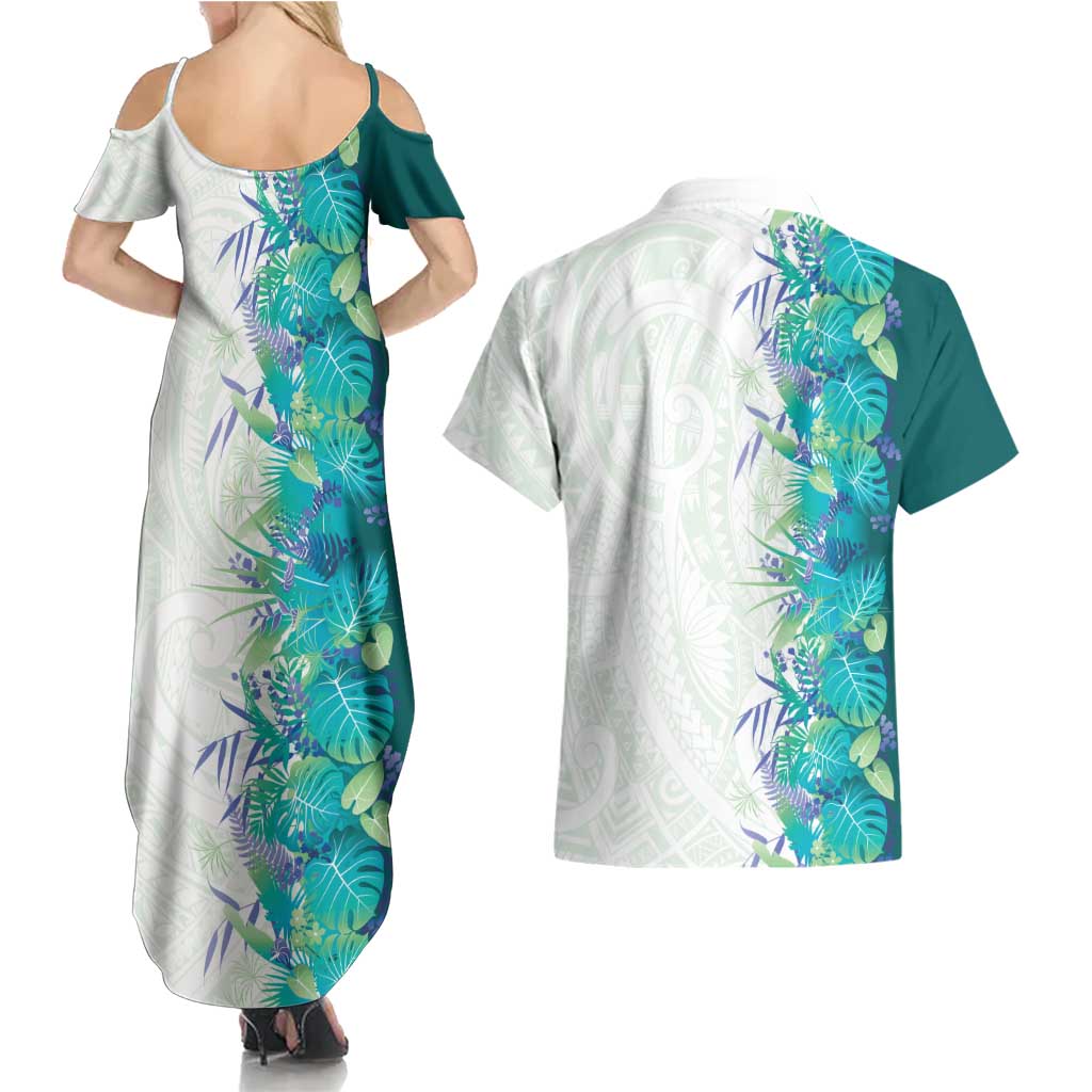 Hawaii Tropical Plant Teal Couples Matching Summer Maxi Dress and Hawaiian Shirt Vibrant Polynesian Pattern LT01 - Polynesian Pride