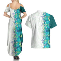 Hawaii Tropical Plant Teal Couples Matching Summer Maxi Dress and Hawaiian Shirt Vibrant Polynesian Pattern LT01 - Polynesian Pride