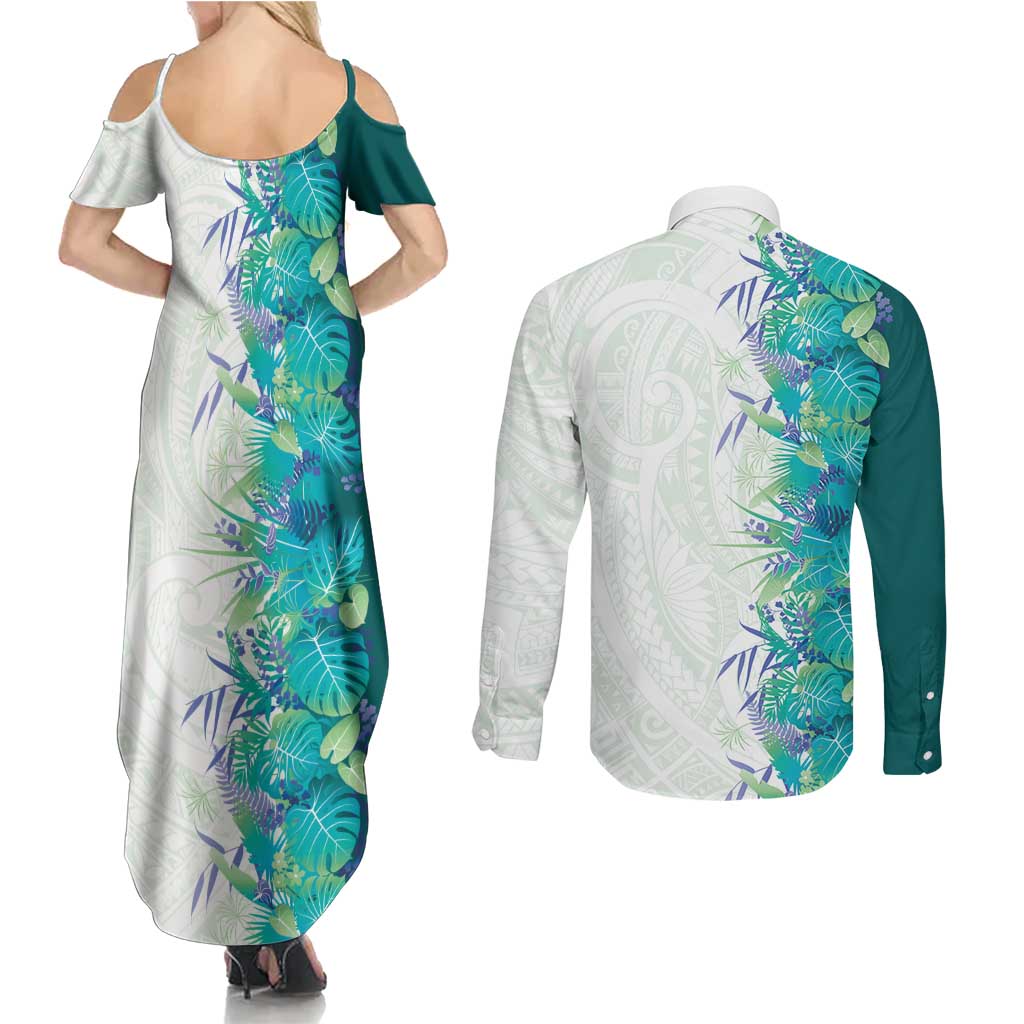 Hawaii Tropical Plant Teal Couples Matching Summer Maxi Dress and Long Sleeve Button Shirt Vibrant Polynesian Pattern LT01 - Polynesian Pride