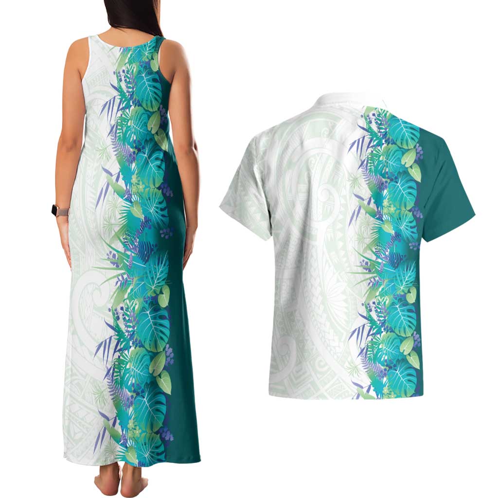 Hawaii Tropical Plant Teal Couples Matching Tank Maxi Dress and Hawaiian Shirt Vibrant Polynesian Pattern LT01 - Polynesian Pride