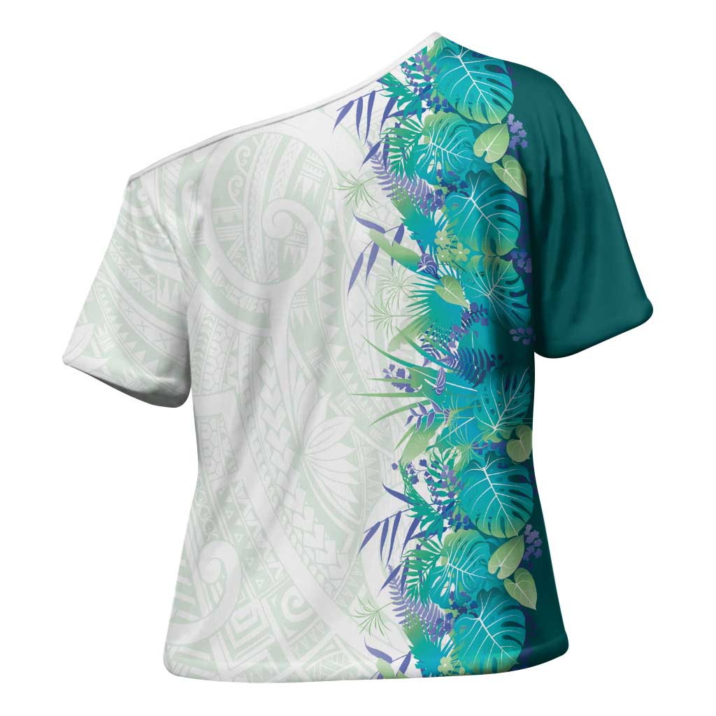 Hawaii Tropical Plant Teal Cross Shoulder Shirt Vibrant Polynesian Pattern LT01 - Polynesian Pride