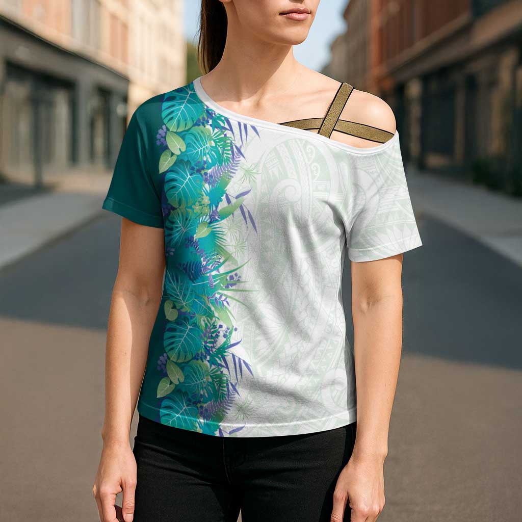 Hawaii Tropical Plant Teal Cross Shoulder Shirt Vibrant Polynesian Pattern LT01 - Polynesian Pride
