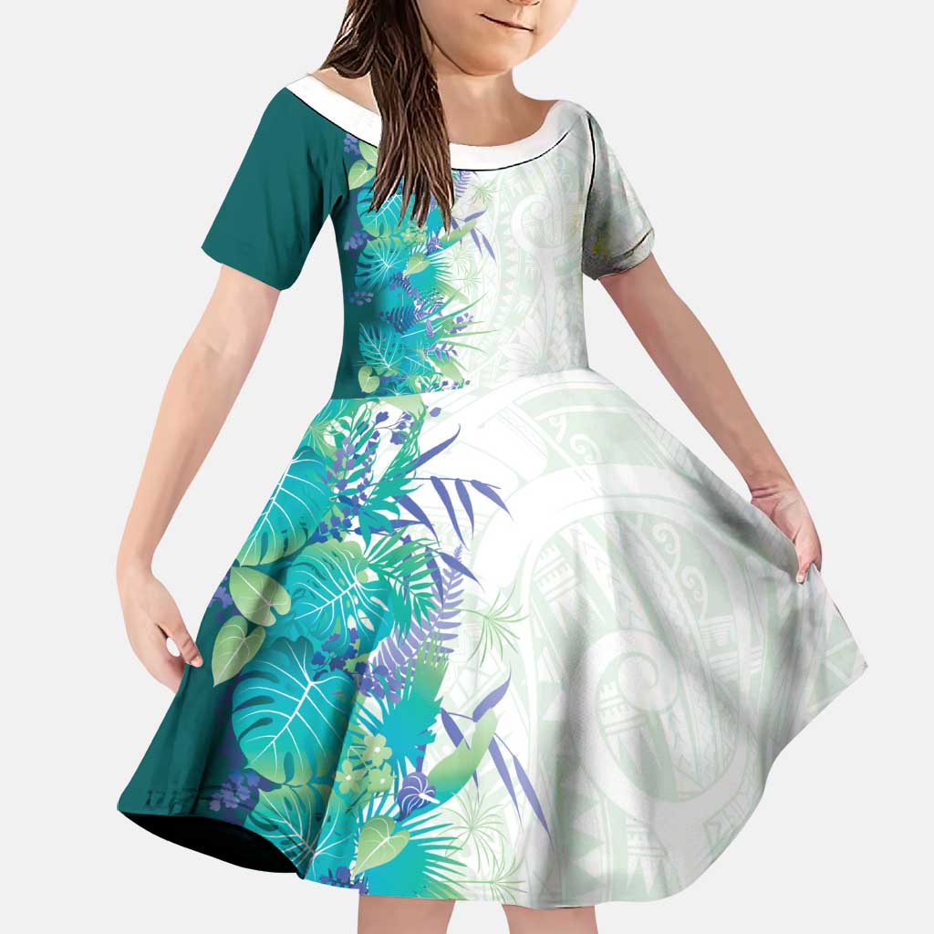Hawaii Tropical Plant Teal Family Matching Off The Shoulder Long Sleeve Dress and Hawaiian Shirt Vibrant Polynesian Pattern