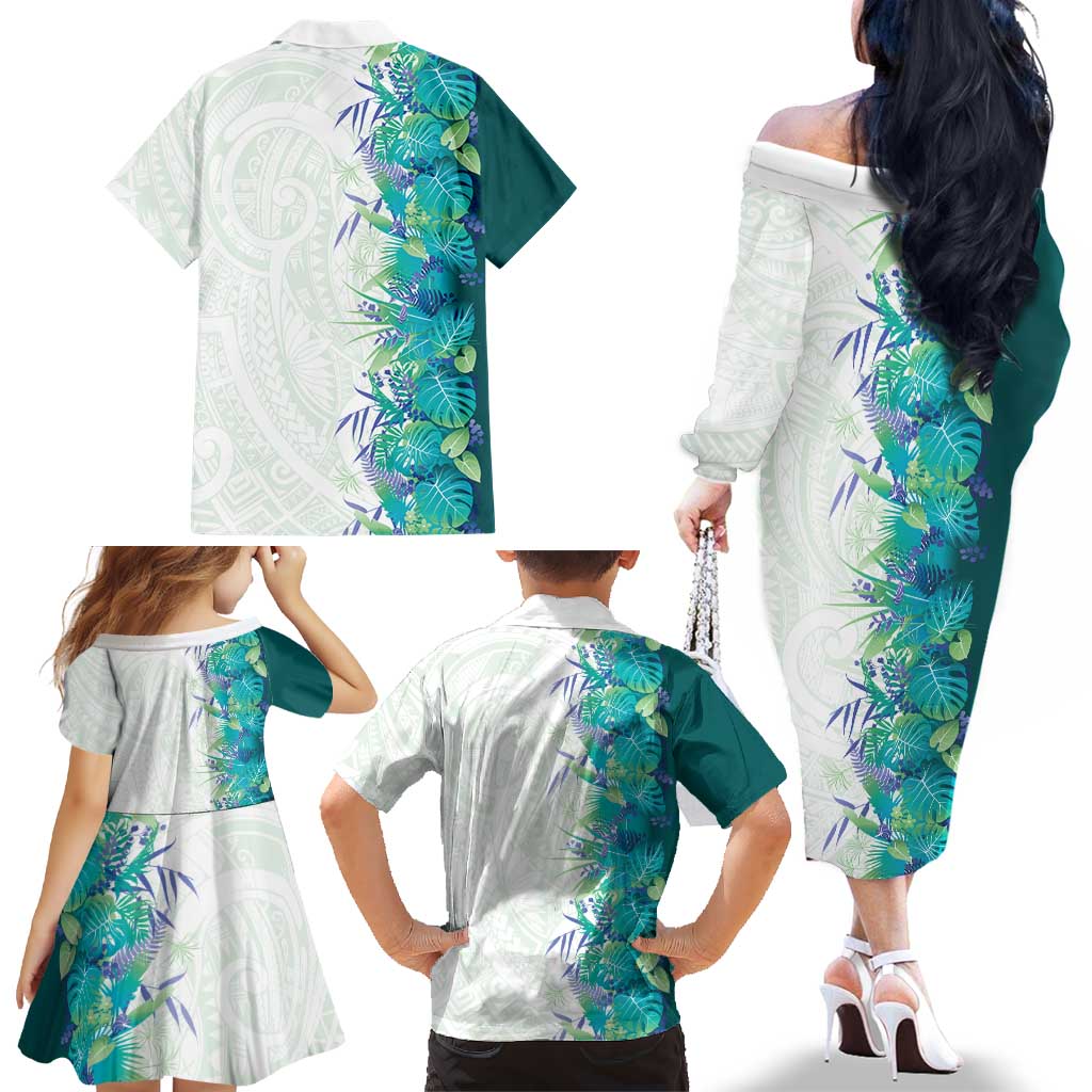 Hawaii Tropical Plant Teal Family Matching Off The Shoulder Long Sleeve Dress and Hawaiian Shirt Vibrant Polynesian Pattern