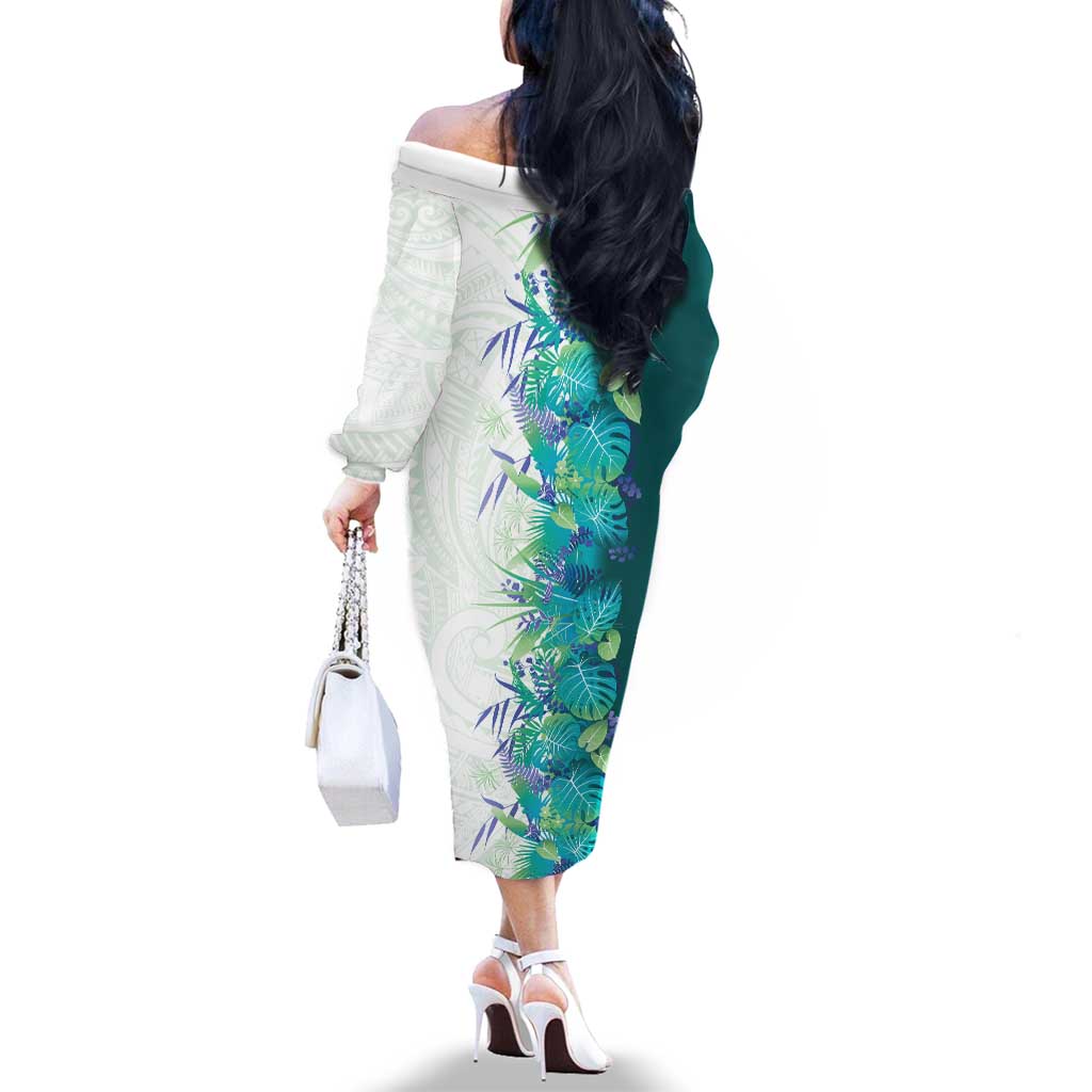 Hawaii Tropical Plant Teal Family Matching Off The Shoulder Long Sleeve Dress and Hawaiian Shirt Vibrant Polynesian Pattern