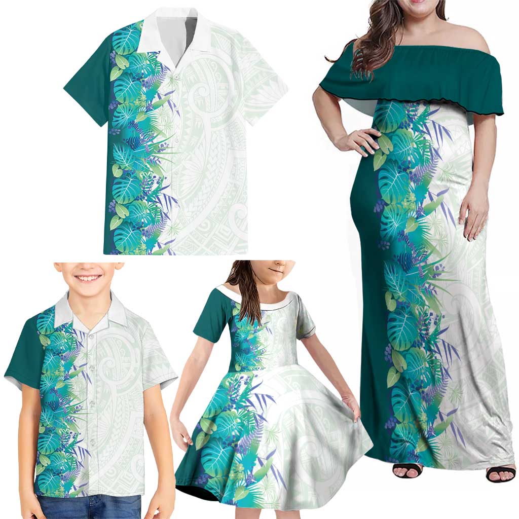 Hawaii Tropical Plant Teal Family Matching Off Shoulder Maxi Dress and Hawaiian Shirt Vibrant Polynesian Pattern