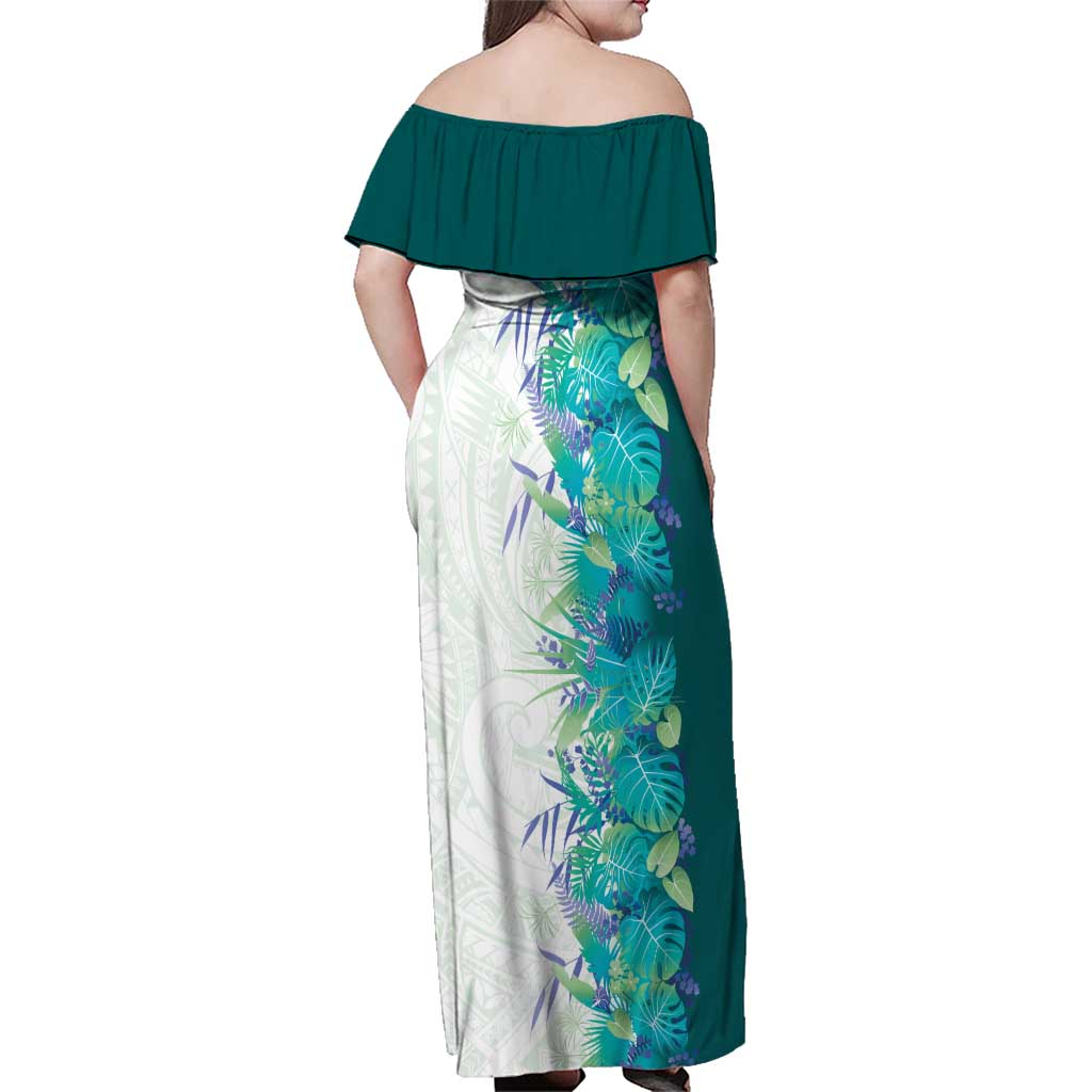 Hawaii Tropical Plant Teal Family Matching Off Shoulder Maxi Dress and Hawaiian Shirt Vibrant Polynesian Pattern