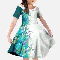 Hawaii Tropical Plant Teal Family Matching Puletasi and Hawaiian Shirt Vibrant Polynesian Pattern LT01 Daughter's Dress Teal - Polynesian Pride