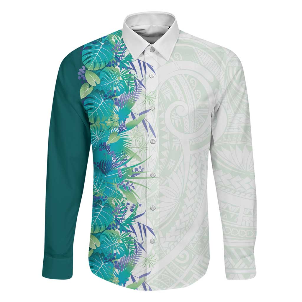Hawaii Tropical Plant Teal Family Matching Puletasi and Hawaiian Shirt Vibrant Polynesian Pattern LT01 Dad's Shirt - Long Sleeve Teal - Polynesian Pride