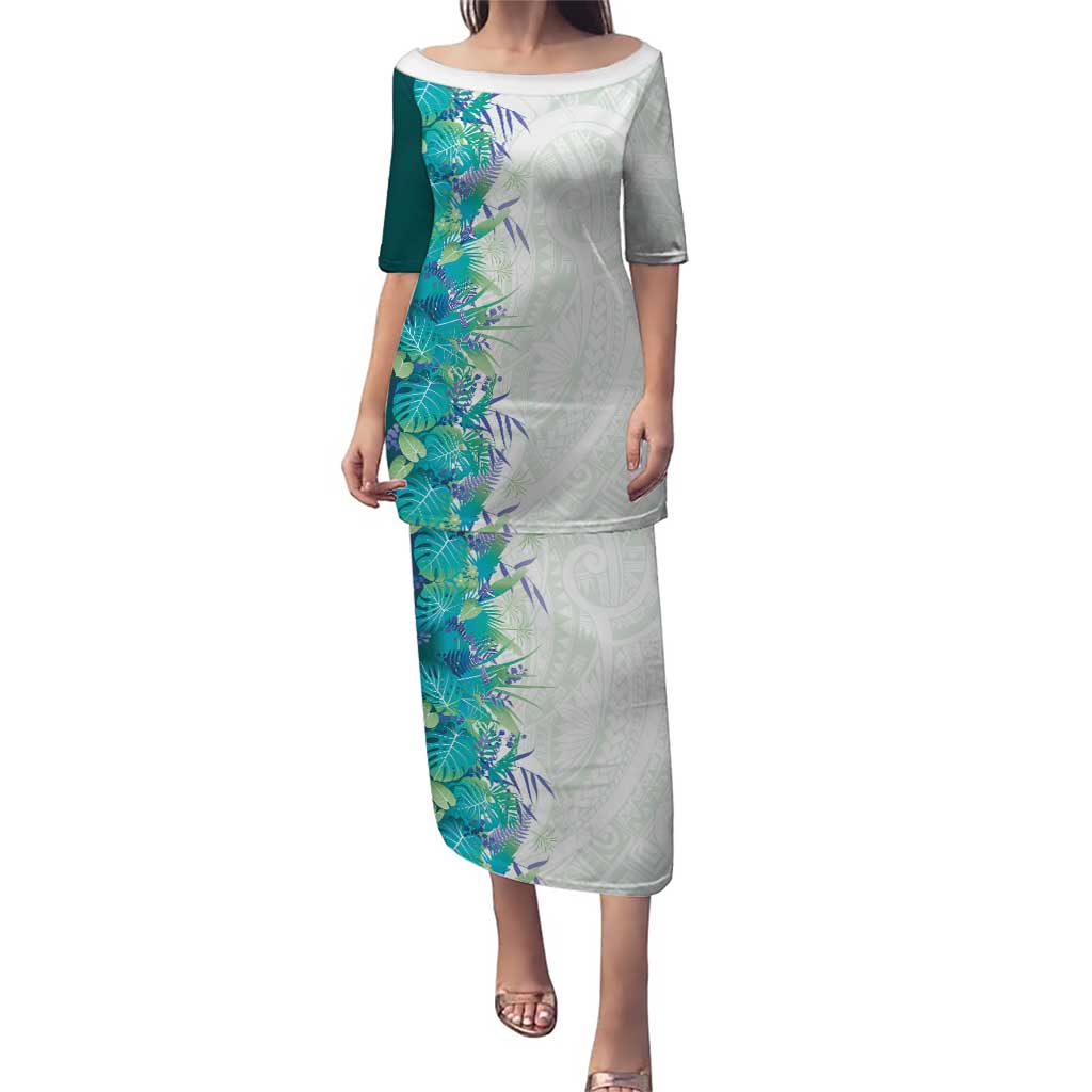 Hawaii Tropical Plant Teal Family Matching Puletasi and Hawaiian Shirt Vibrant Polynesian Pattern LT01 Mom's Dress Teal - Polynesian Pride