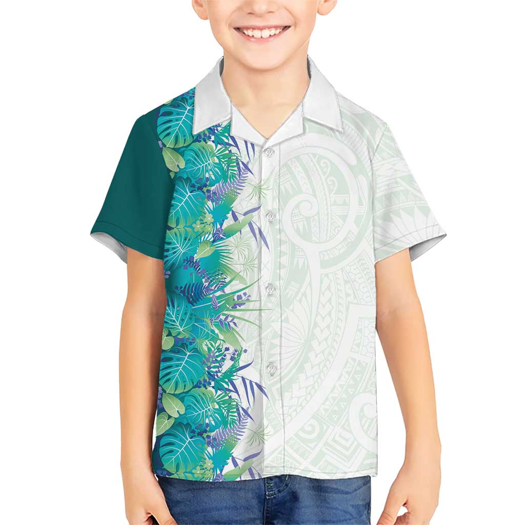Hawaii Tropical Plant Teal Family Matching Short Sleeve Bodycon Dress and Hawaiian Shirt Vibrant Polynesian Pattern