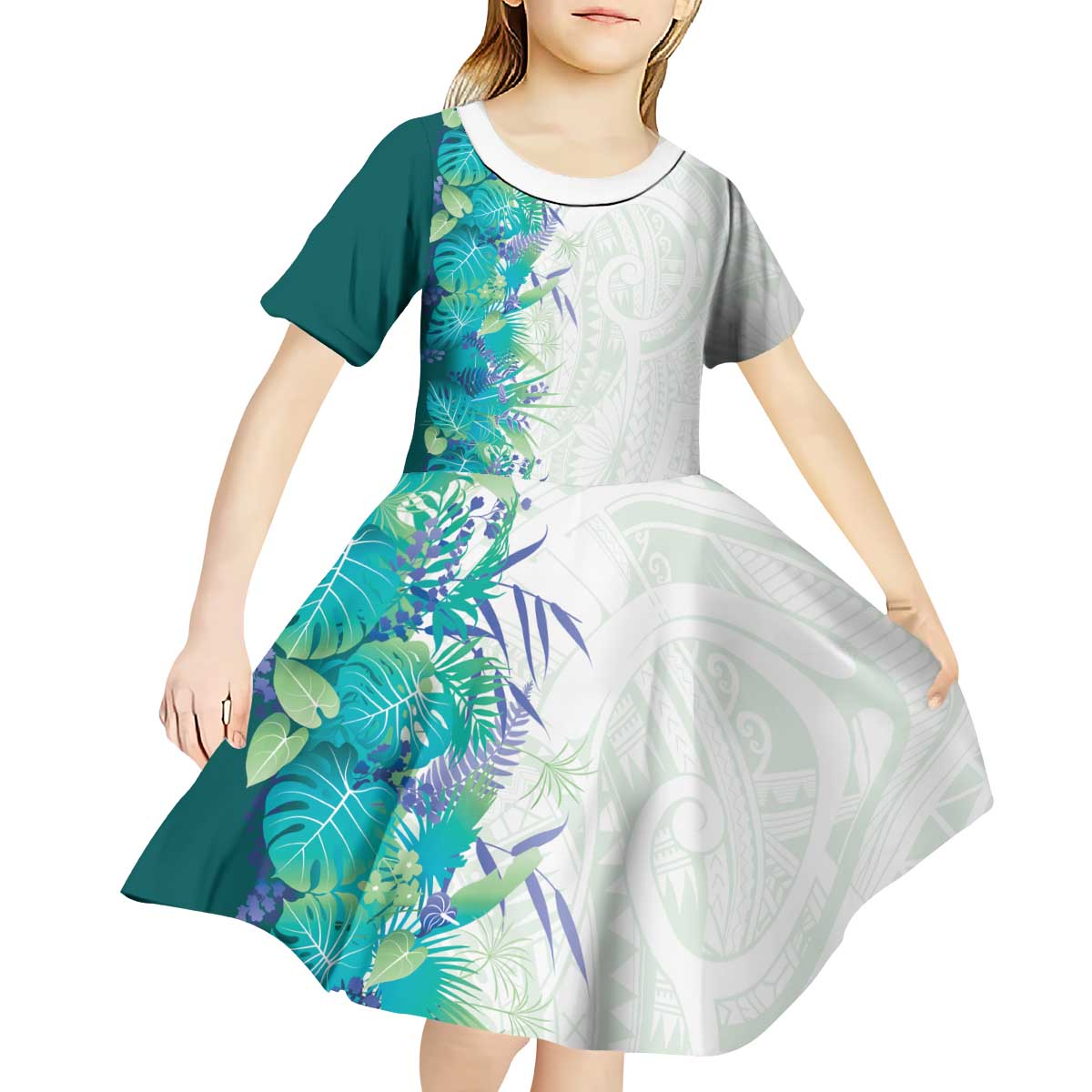 Hawaii Tropical Plant Teal Kid Short Sleeve Dress Vibrant Polynesian Pattern LT01 - Polynesian Pride
