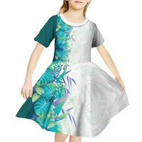 Hawaii Tropical Plant Teal Kid Short Sleeve Dress Vibrant Polynesian Pattern LT01 - Polynesian Pride