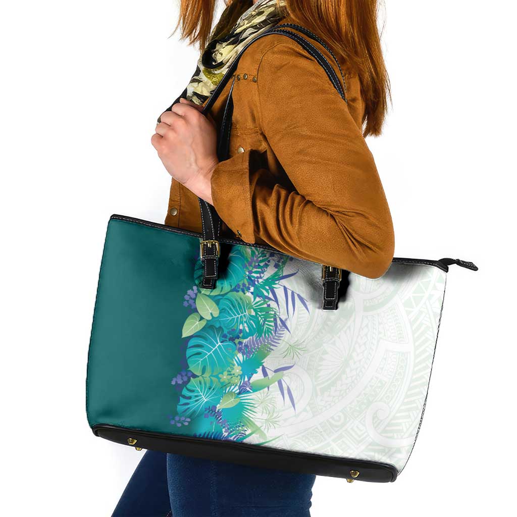Hawaii Tropical Plant Teal Leather Tote Bag Vibrant Polynesian Pattern LT01 Teal - Polynesian Pride