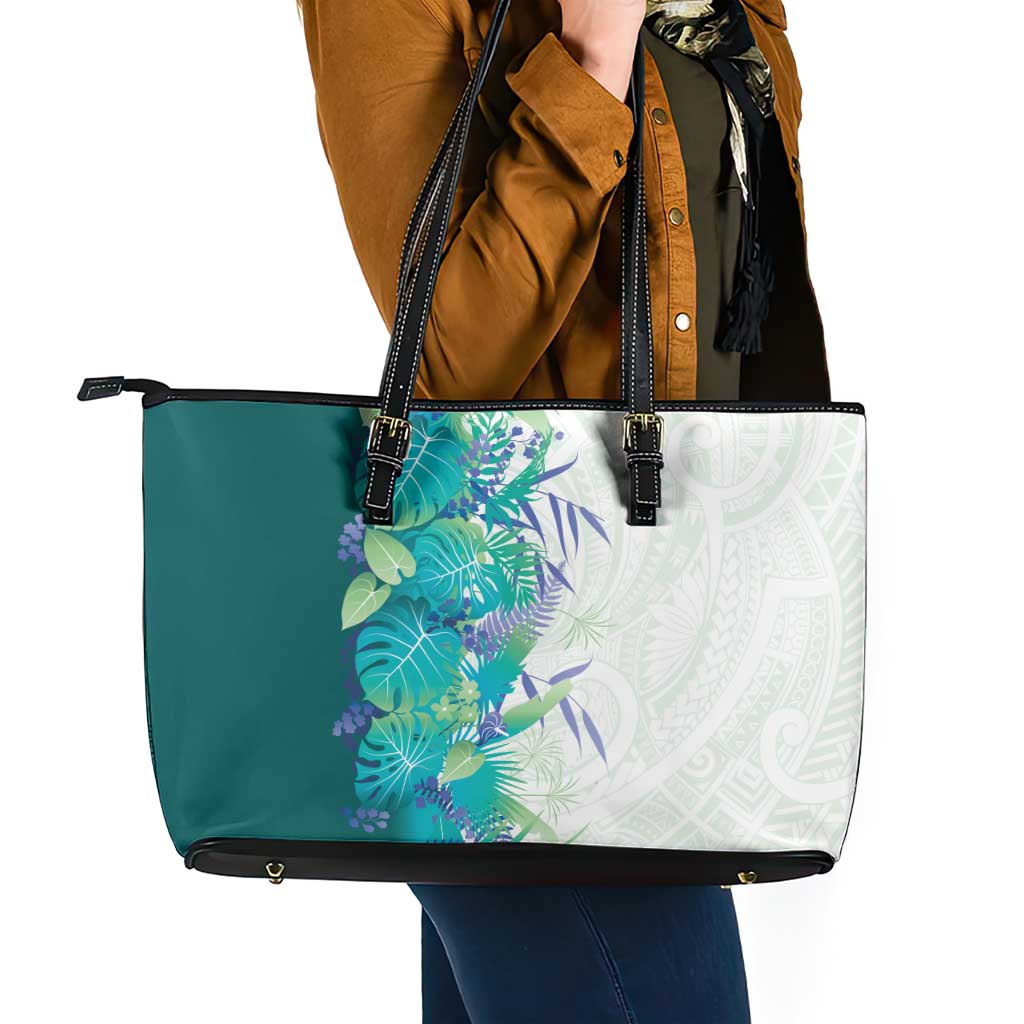 Hawaii Tropical Plant Teal Leather Tote Bag Vibrant Polynesian Pattern LT01 - Polynesian Pride