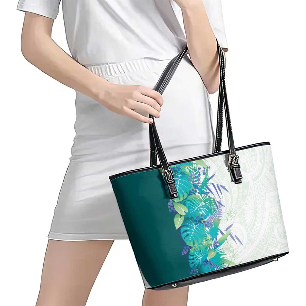 Hawaii Tropical Plant Teal Leather Tote Bag Vibrant Polynesian Pattern LT01 - Polynesian Pride