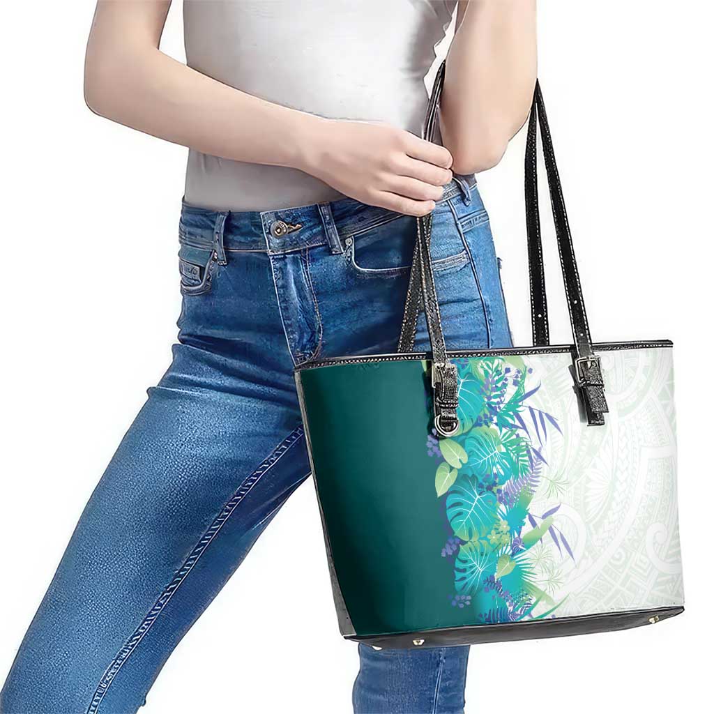 Hawaii Tropical Plant Teal Leather Tote Bag Vibrant Polynesian Pattern LT01 - Polynesian Pride