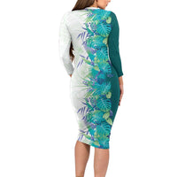 Hawaii Tropical Plant Teal Long Sleeve Bodycon Dress Vibrant Polynesian Pattern LT01 - Polynesian Pride