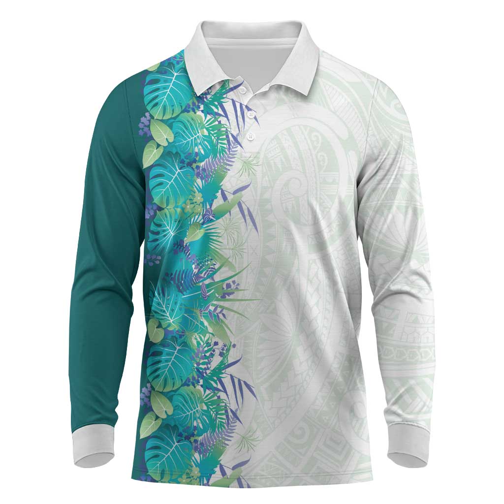 Hawaii Tropical Plant Teal Long Sleeve Polo Shirt Vibrant Polynesian Pattern LT01 Teal - Polynesian Pride