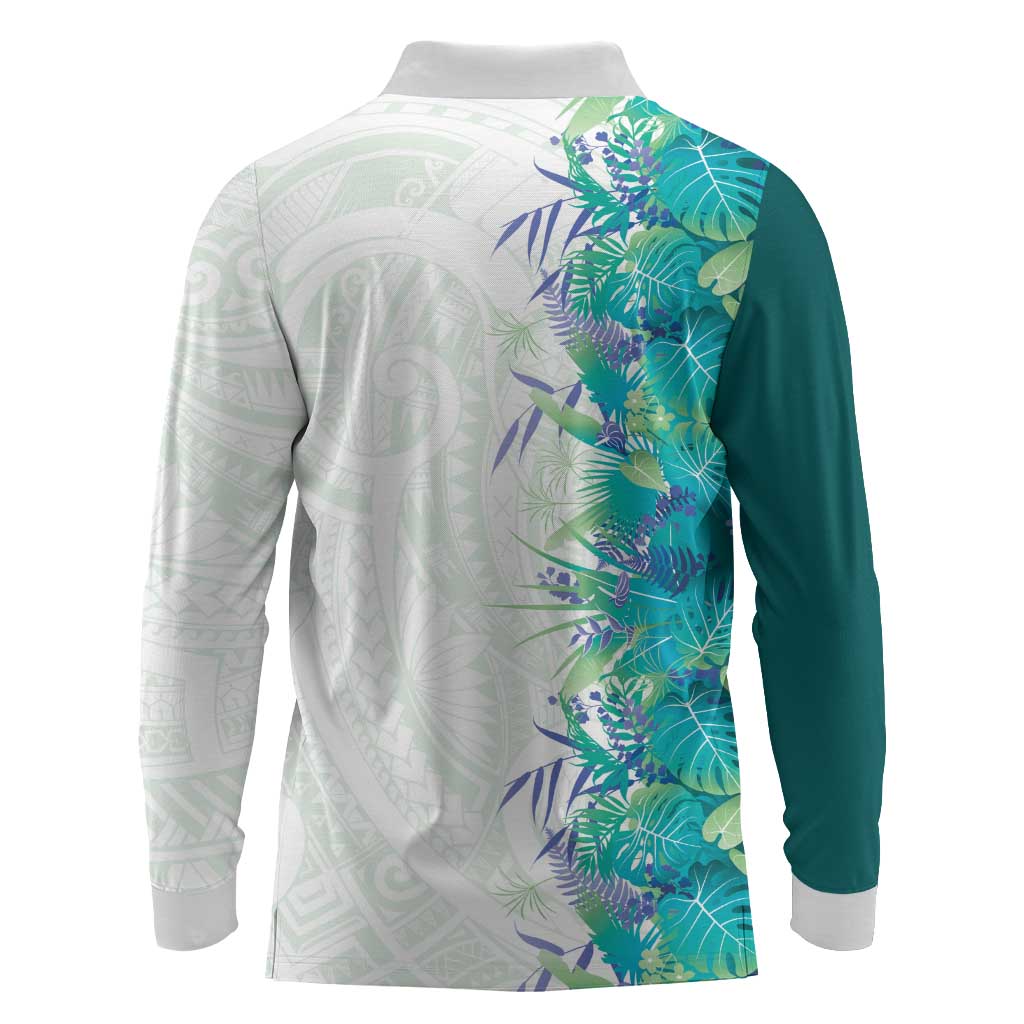 Hawaii Tropical Plant Teal Long Sleeve Polo Shirt Vibrant Polynesian Pattern LT01 - Polynesian Pride
