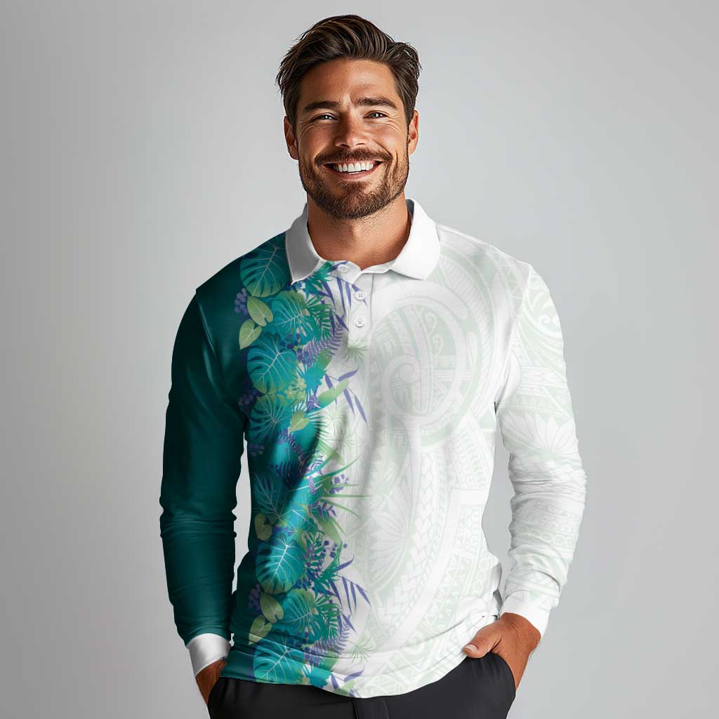 Hawaii Tropical Plant Teal Long Sleeve Polo Shirt Vibrant Polynesian Pattern LT01 - Polynesian Pride
