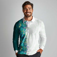 Hawaii Tropical Plant Teal Long Sleeve Polo Shirt Vibrant Polynesian Pattern LT01 - Polynesian Pride