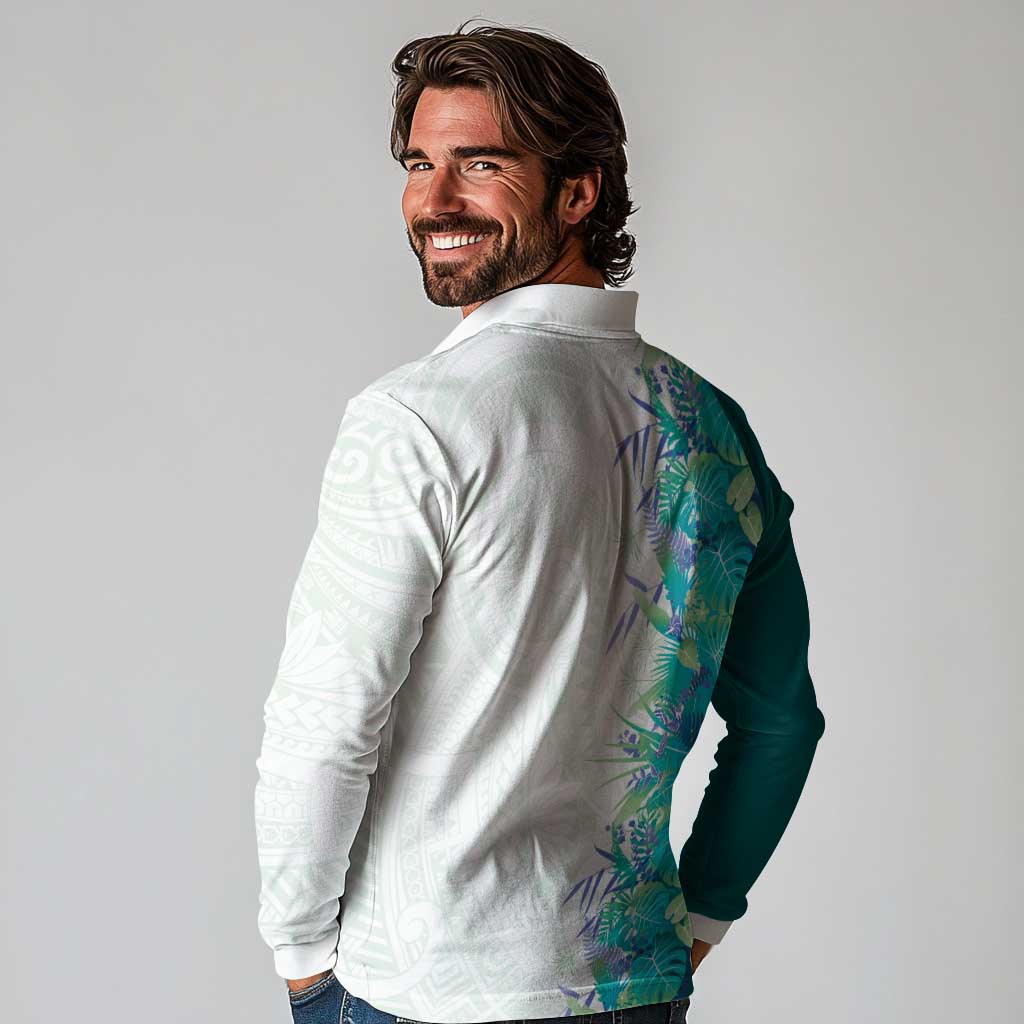 Hawaii Tropical Plant Teal Long Sleeve Polo Shirt Vibrant Polynesian Pattern LT01 - Polynesian Pride