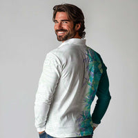 Hawaii Tropical Plant Teal Long Sleeve Polo Shirt Vibrant Polynesian Pattern LT01 - Polynesian Pride