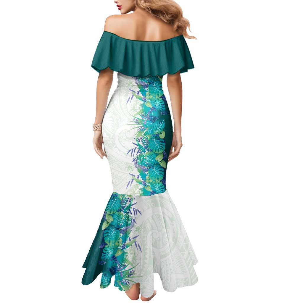 Hawaii Tropical Plant Teal Mermaid Dress Vibrant Polynesian Pattern