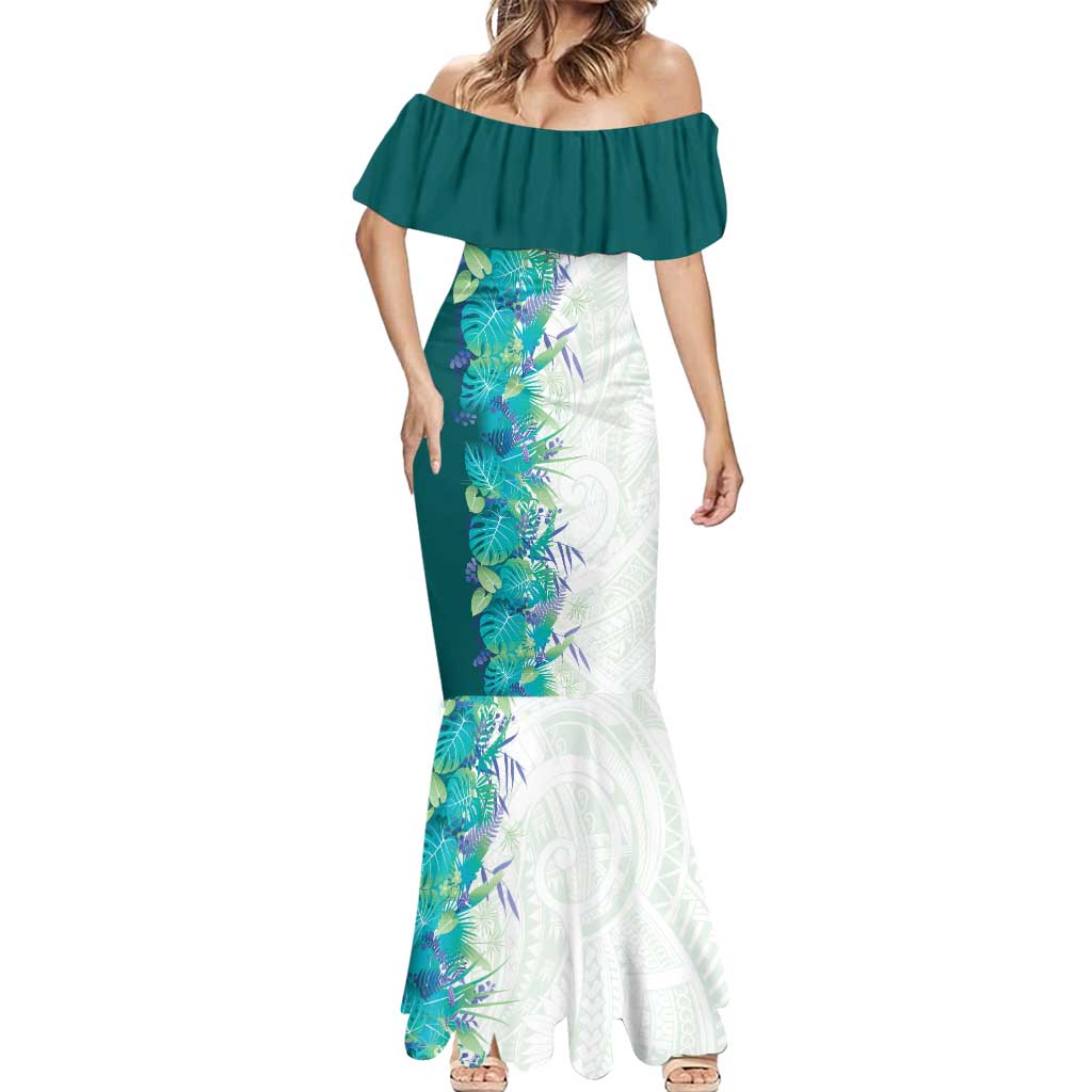 Hawaii Tropical Plant Teal Mermaid Dress Vibrant Polynesian Pattern