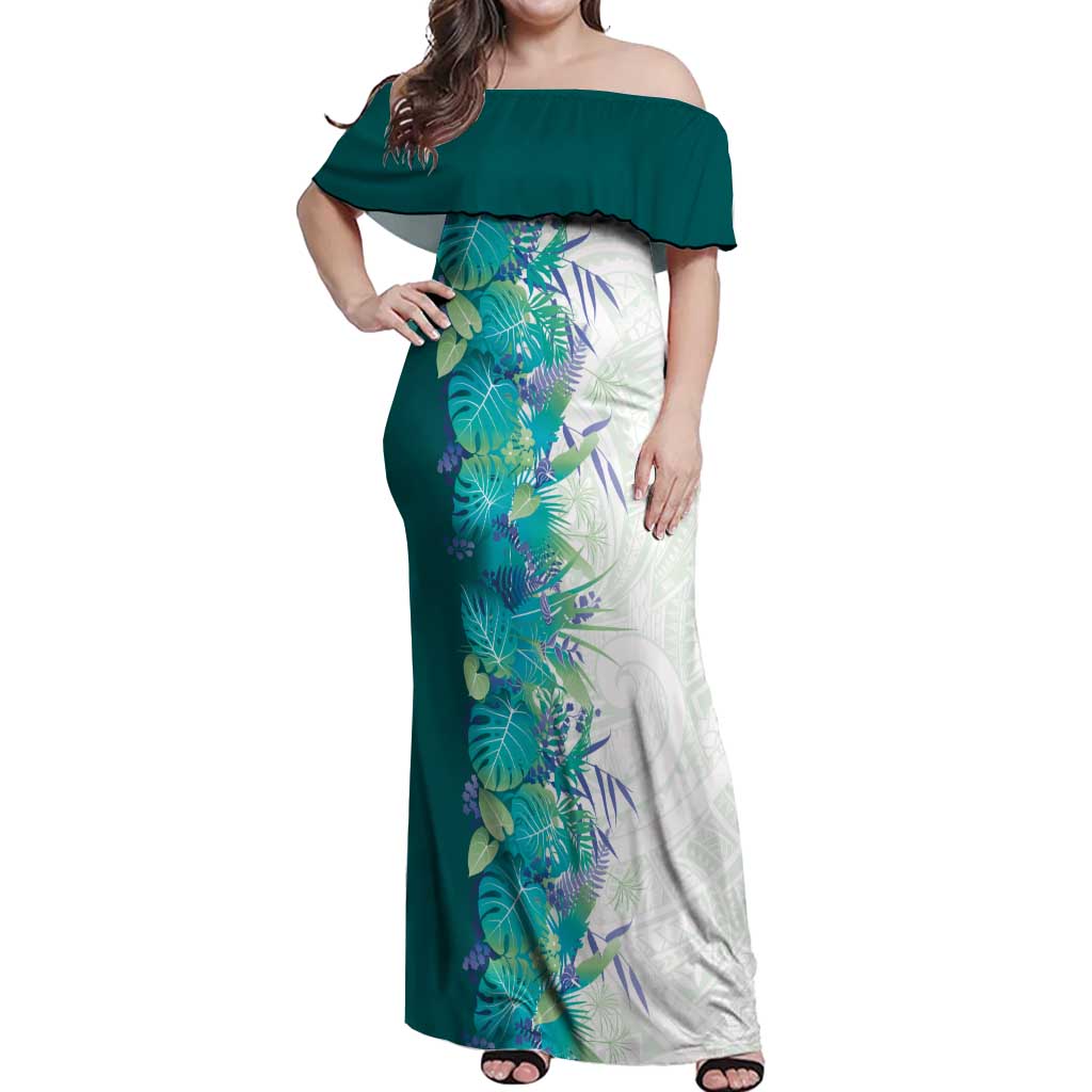 Hawaii Tropical Plant Teal Off Shoulder Maxi Dress Vibrant Polynesian Pattern LT01 Women Teal - Polynesian Pride