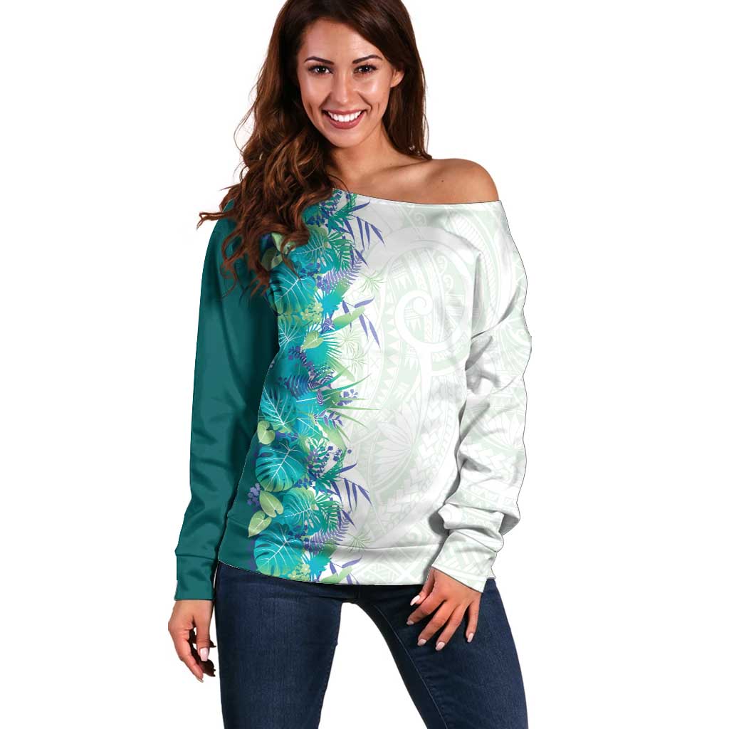 Hawaii Tropical Plant Teal Off Shoulder Sweater Vibrant Polynesian Pattern LT01 Women Teal - Polynesian Pride
