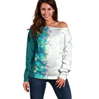 Hawaii Tropical Plant Teal Off Shoulder Sweater Vibrant Polynesian Pattern LT01 Women Teal - Polynesian Pride