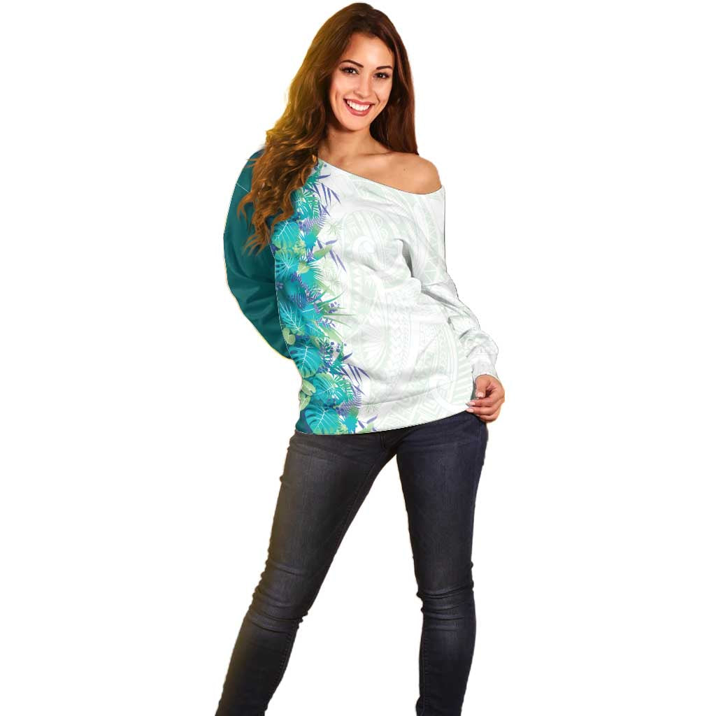 Hawaii Tropical Plant Teal Off Shoulder Sweater Vibrant Polynesian Pattern LT01 - Polynesian Pride