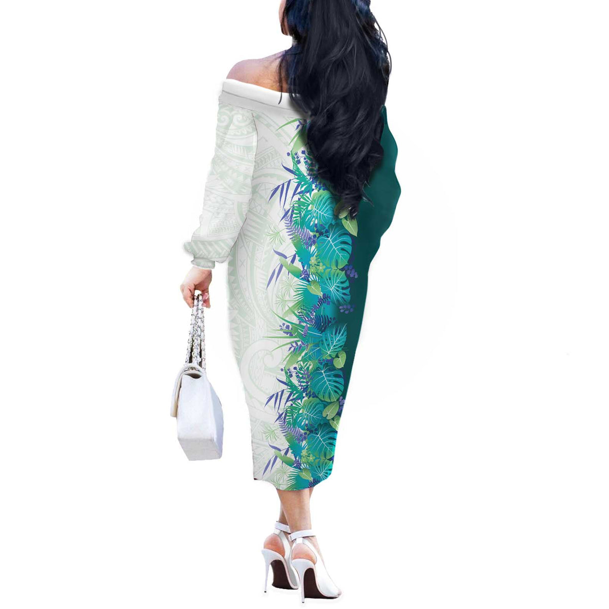 Hawaii Tropical Plant Teal Off The Shoulder Long Sleeve Dress Vibrant Polynesian Pattern LT01 - Polynesian Pride