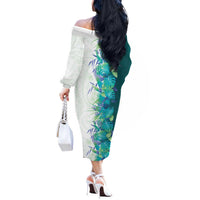 Hawaii Tropical Plant Teal Off The Shoulder Long Sleeve Dress Vibrant Polynesian Pattern LT01 - Polynesian Pride