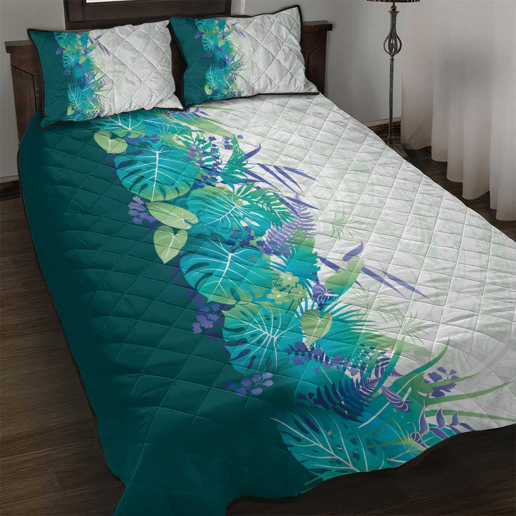 Hawaii Tropical Plant Teal Quilt Bed Set Vibrant Polynesian Pattern