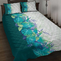 Hawaii Tropical Plant Teal Quilt Bed Set Vibrant Polynesian Pattern