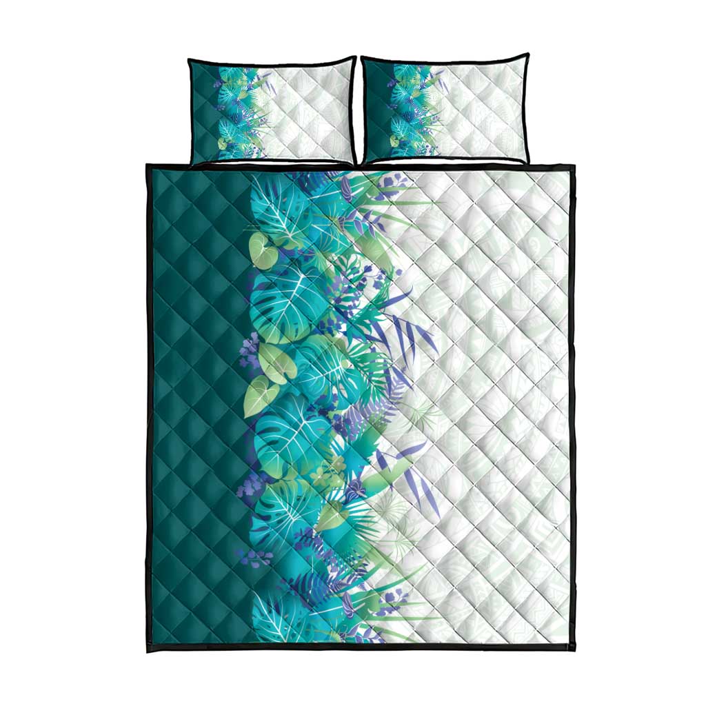 Hawaii Tropical Plant Teal Quilt Bed Set Vibrant Polynesian Pattern